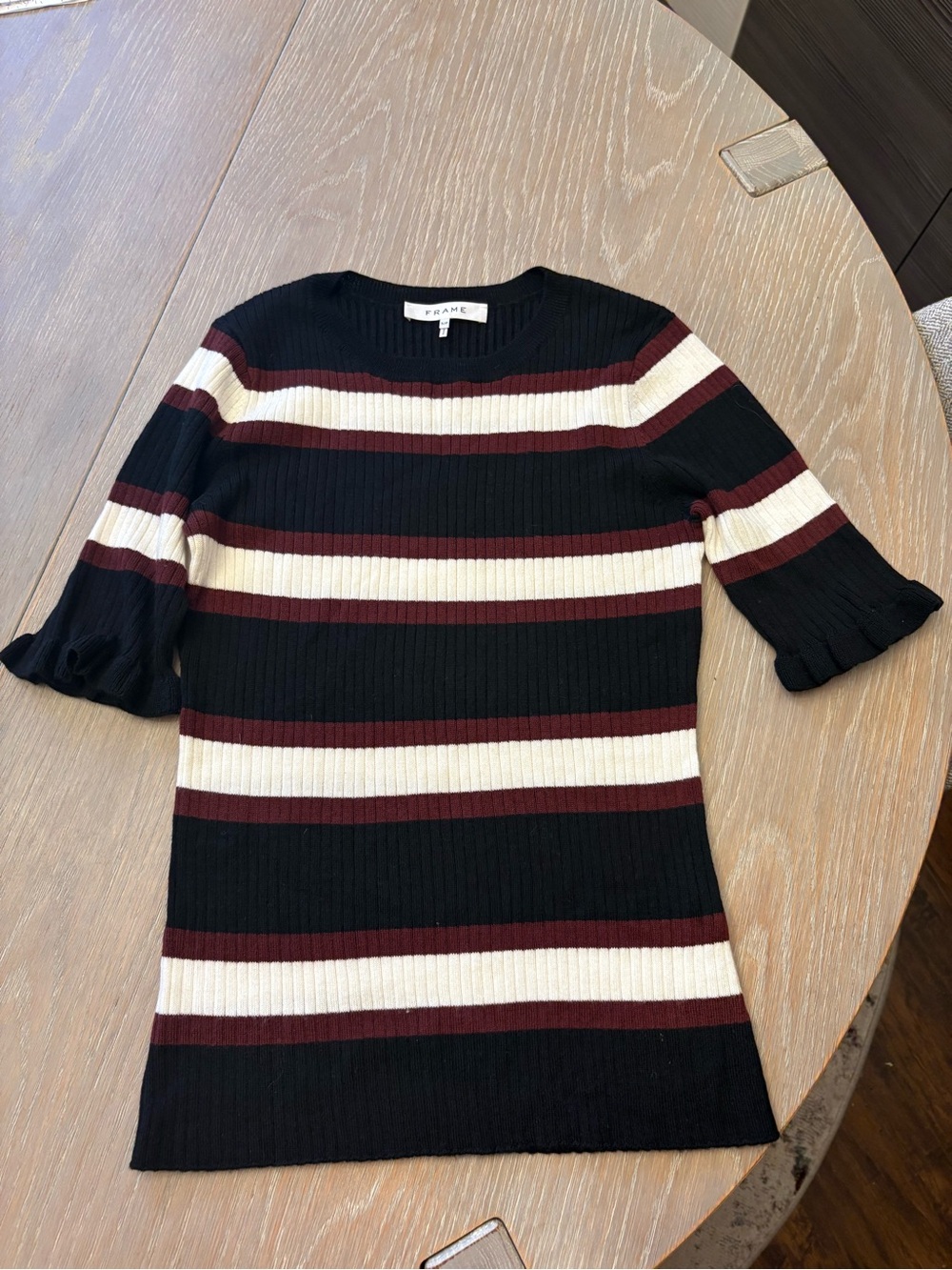 Frame Denim Black and Burgundy Ribbed Sweater with ruffle cuff